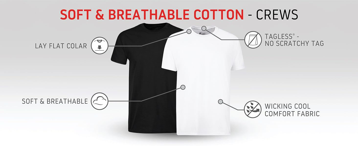 Hanes soft breathable lay flat collar tagless wicking cotton crew tees