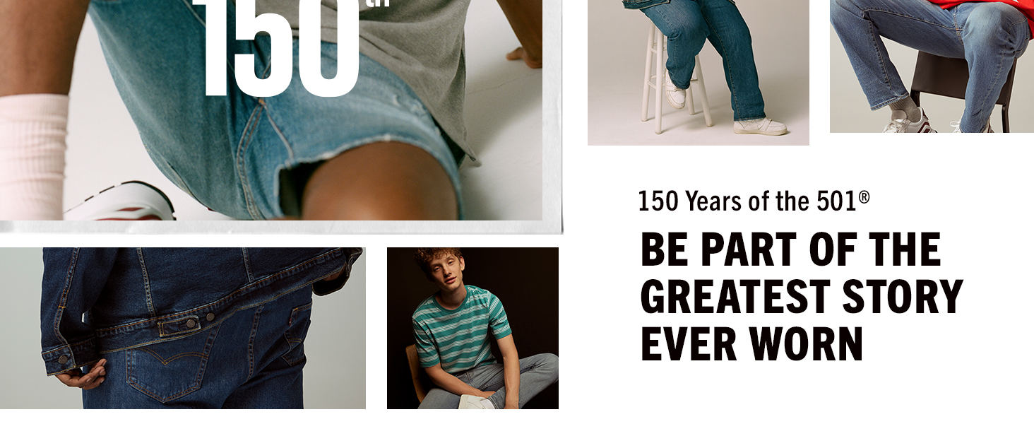 Collage of diverse men wearing Levi's jeans and shorts