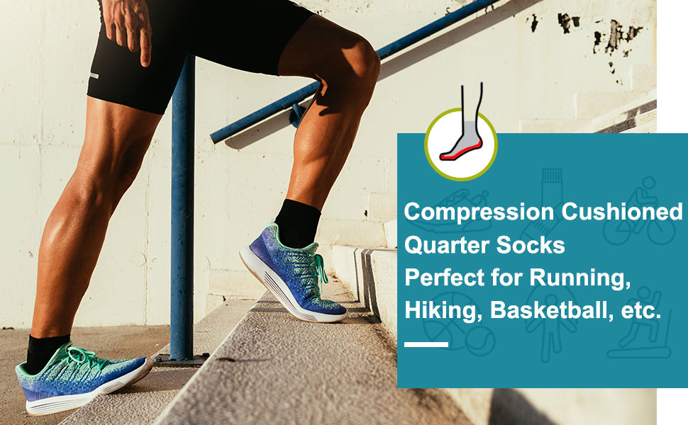 Compression cushioned quarter socks, Perfect for running, hiking, basketball, etc.