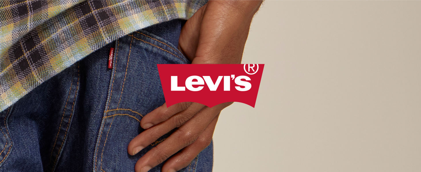 White Levi's logo over a photo of a model with hand on the jeans pocket