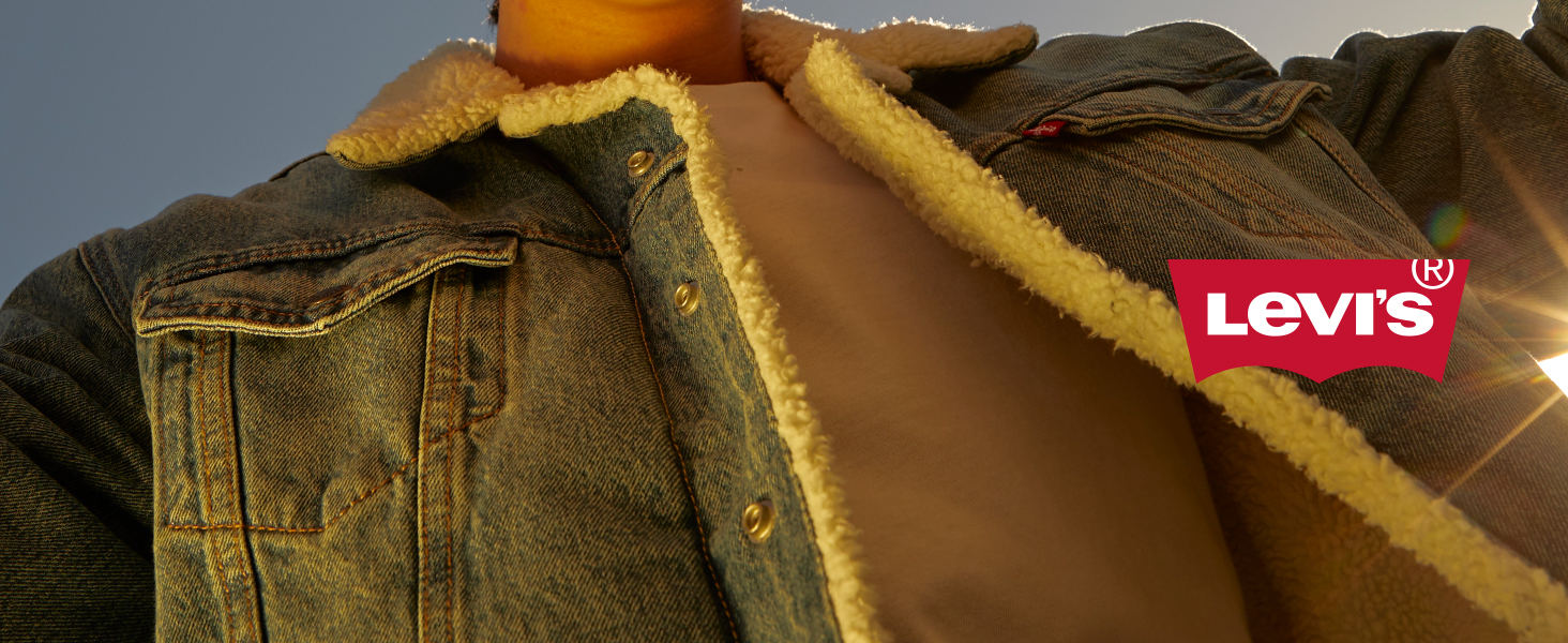 cropped close up of sherpa trucker jacket, image taken from below looking up