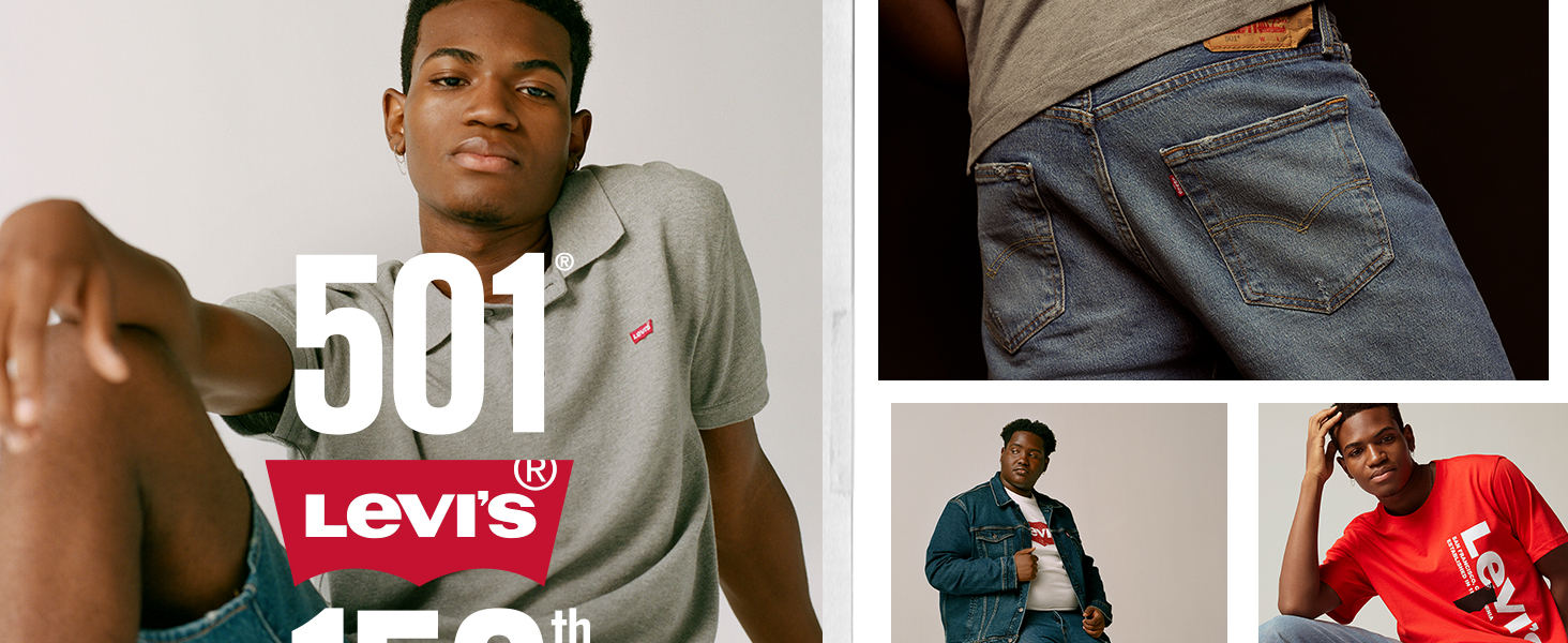 Collage of men wearing Levi's tops, tees, trucker jackets and 501 jeans