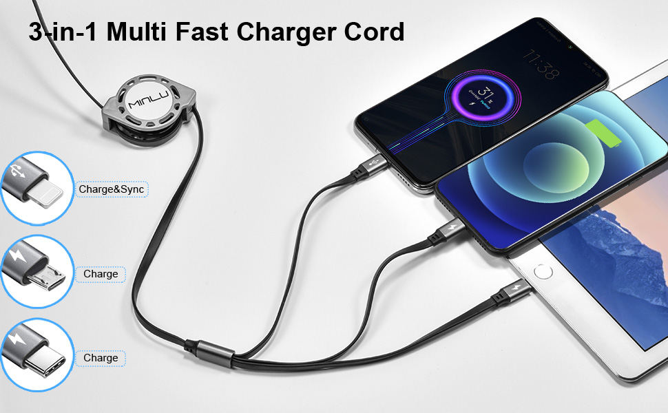 3in1 multi usb fast charging cable usb c charger cord usb phone chager cord retractable phone cable