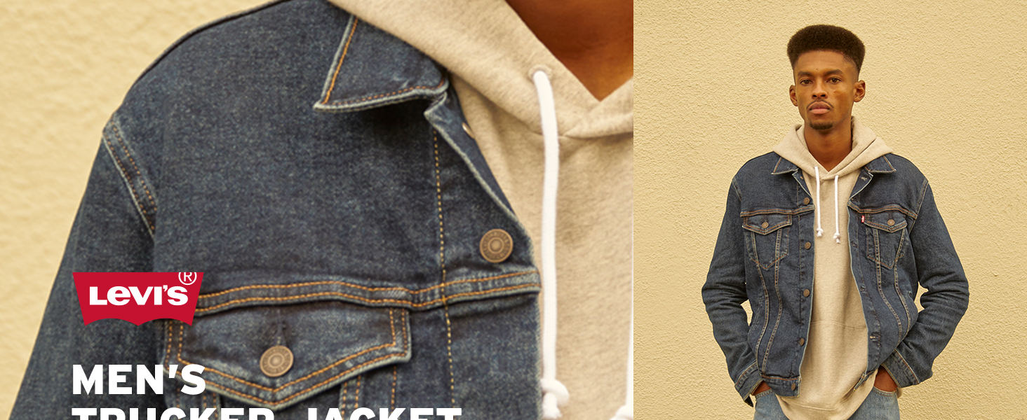 Man wearing levis trucker jacket over grey hoodie plus close up of pocket details