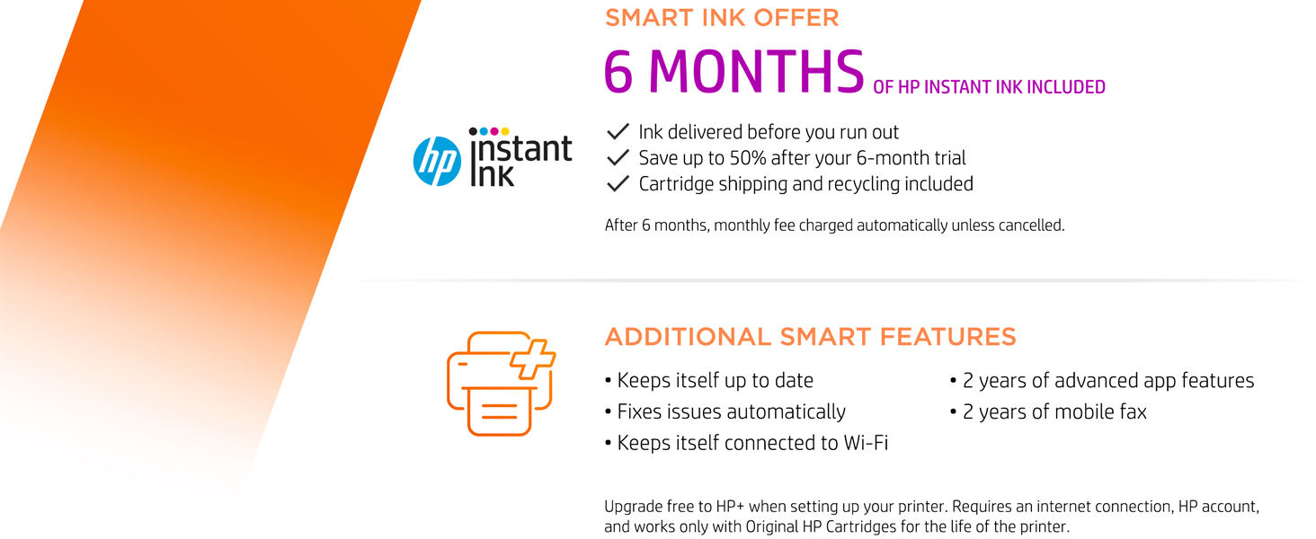 hp+ smart printing system Instant Ink offer cartridge delivery recycling wireless printing