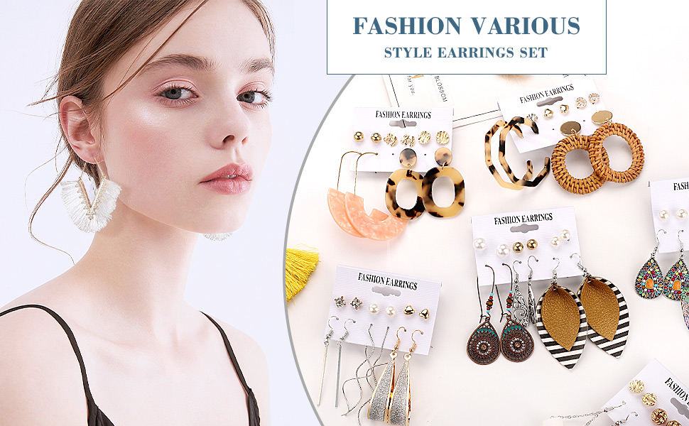 47 Pairs Boho Statement Tassel Rattan Leather Earrings Ethnic Fashion Butterfly Stud Earrings Set