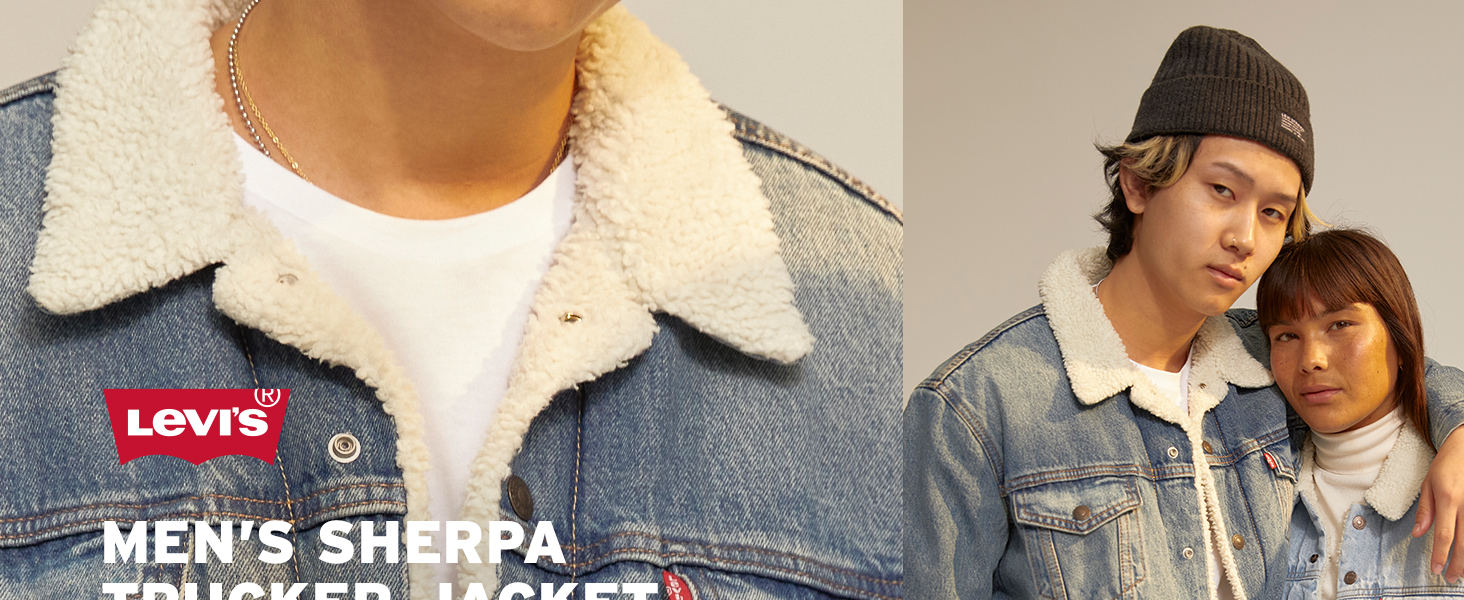 image collage: close up of sherpa trucker collar and couple wearing sherpa jackets